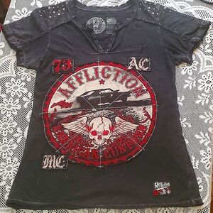 Affliction, Black and Red Short Sleeve T-Shirt w/Metal Studs on Sleeves, Size XL